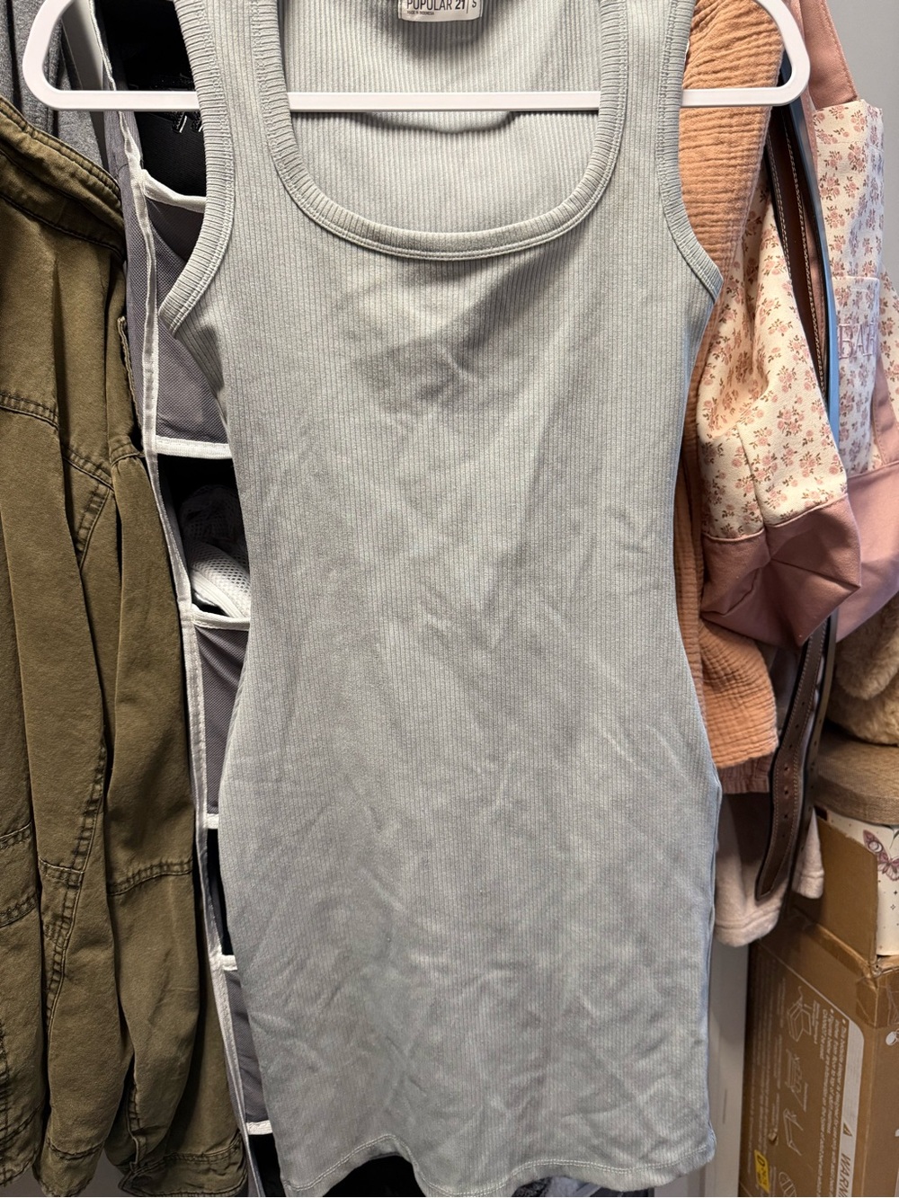 Casual Ribbed Asymmetrical Tank Dress in Light Gray